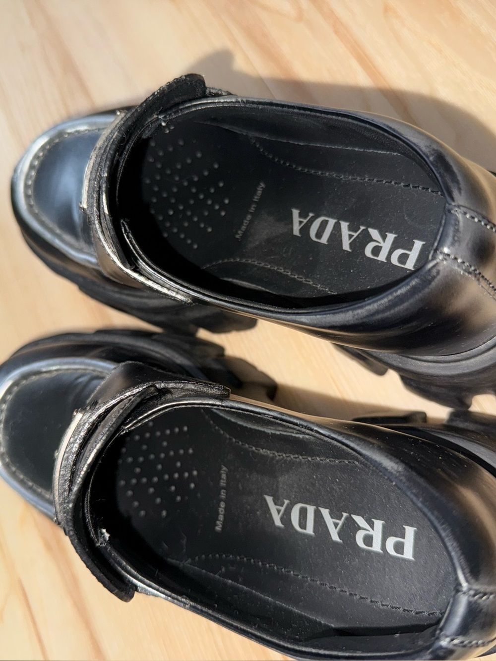 Prada Metallic Black Leather Lug-Sole Penny Loafers - Picture 7 of 8